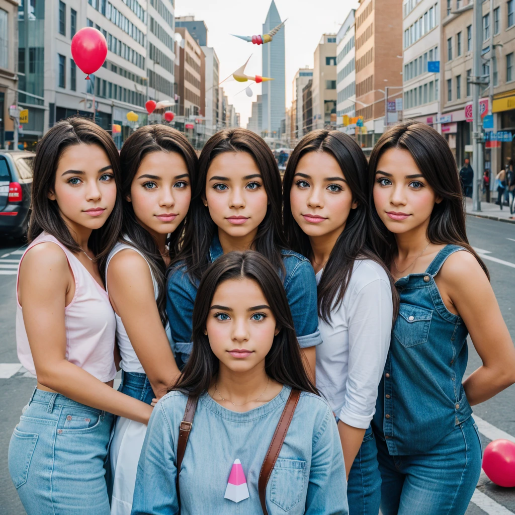 5Friends, in a city, realistic eyes,middle a girl, balloons, paper rocket