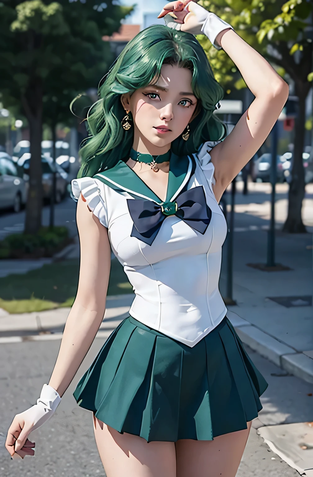 Masterpiece, 4k, super detailed, close-up, 1 girl, sailor Neptune, aqua blue eyes, dark green hair, medium hair, (sailor senshi uniform:1.1), pleading skirt, bow, dynamic pose, best quality, masterpiece, high resolution, intricate detail, (realistic)), photography, earrings, jewelry, white gloves, medium breasts, full body, white gloves, sailor collar