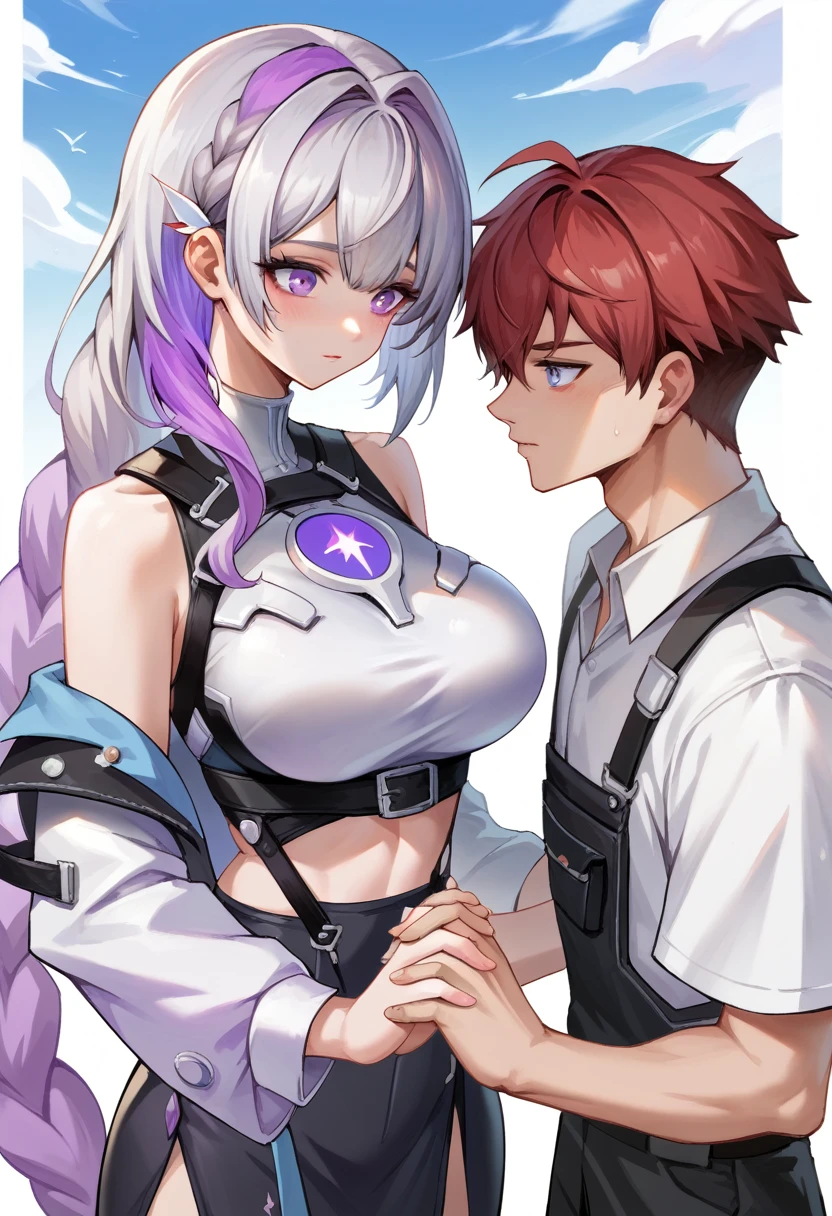yinji,1 girl and one boy,Holding Hands,purple_hair,purple_Eye,Very_long_hair,grey_hair,Braided_Ponytail,Large target_breast, Red hair boy,Wearing a white shirt,Very handsome red hair boy,With purple hairHolding Hands,slope_hair, The background is dreamy