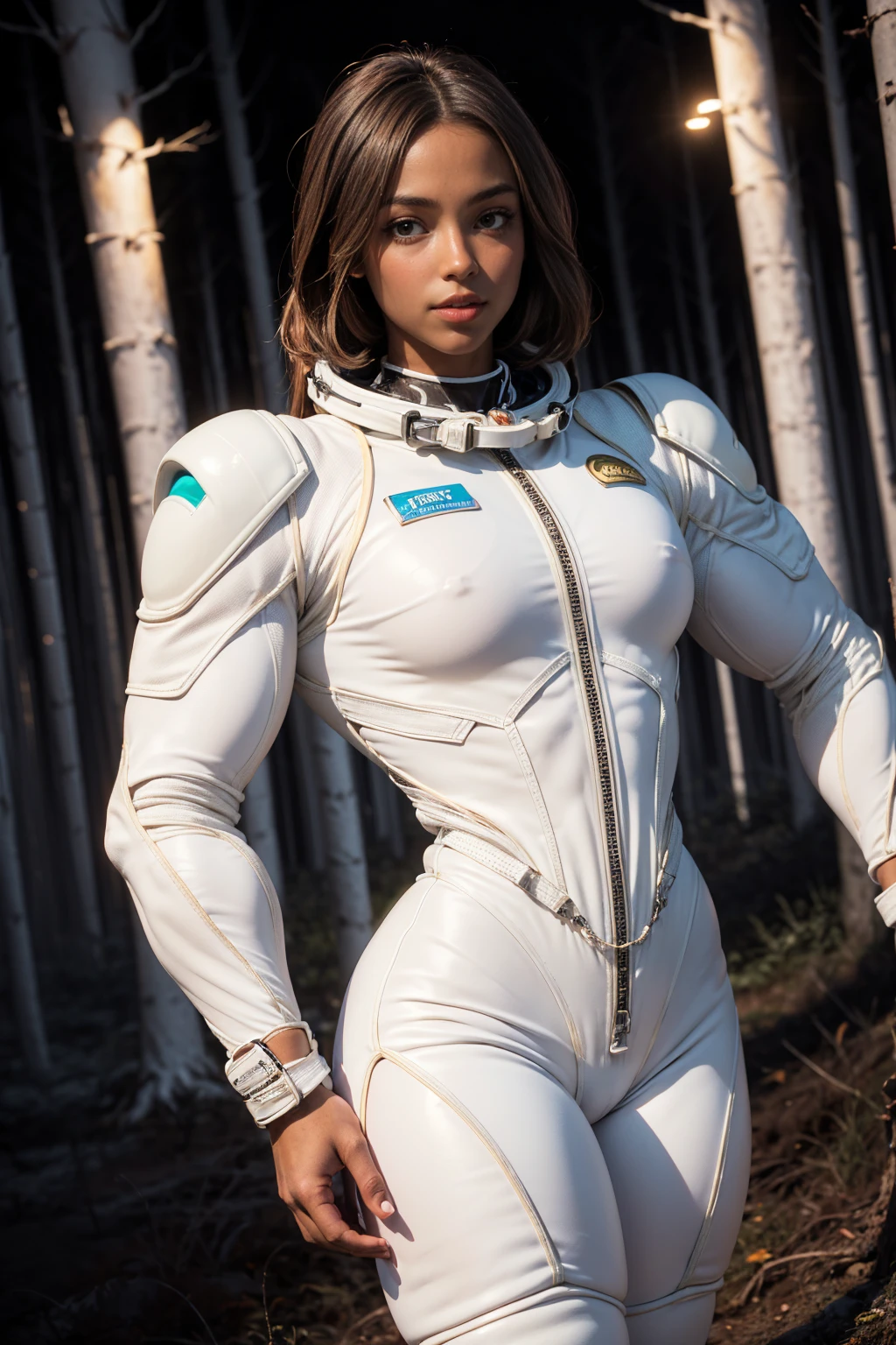 (Muscular:2), (thick thighs:1), (large round breasts:1), (large muscular chest and shoulders:1.4), FEMALE, brown hair, long brown hair, (big smile:0), (wearing a tight white spacesuit:1.5), looking at viewer, (three quarter view:1.2), upper body view, (smoky forest at night:1.5), dark lighting, detailed skin, detailed eyes, (dark skin:1.4), (very thin waist:1.3), (huge round muscles:1.5),
