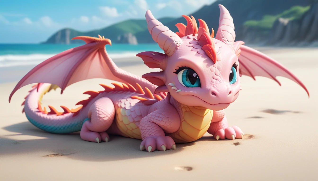 masterpiece,high quality,Monster,独奏,dragon ,(chibi:1.2),(pink body:1.2),pink dragon,horns,wings,lying on the ground,injured,unhappy,looking forward,looking sideways,head focus,poor,seaside,beach,blue sky,landscape,(non-human:1.2),lying,frustrated_brow,annoyed,frustrated,on stomach,bright-colored，The dragon looks sad.，The expression to cry