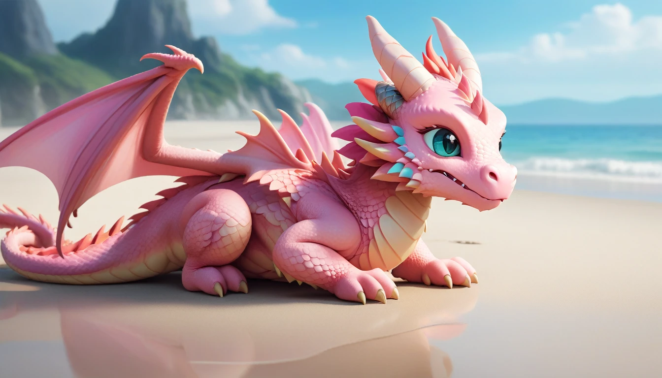 masterpiece,high quality,Monster,独奏,dragon ,(chibi:1.2),(pink body:1.2),pink dragon,horns,wings,lying on the ground,injured,unhappy,looking forward,looking sideways,head focus,poor,seaside,beach,blue sky,landscape,(non-human:1.2),lying,frustrated_brow,annoyed,frustrated,on stomach,bright-colored，The dragon looks sad.，The expression to cry