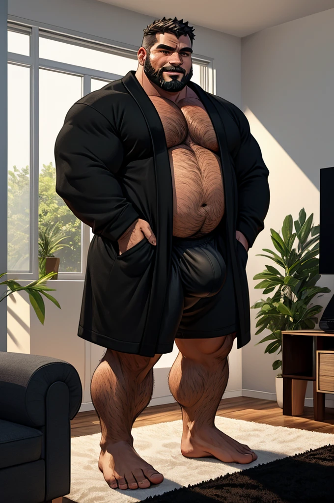 40 years old Male, tall, giant body, handsome, dad bod, beefy, strong arms and legs, wide shoulders, a bit chubby muscle gut, a bit of fat but still very muscular, extremely hairy, short beard, wearing a black bathrobe with long sleeves, wearing a black boxer brief, unrealistic oversized big bulge, barefoot, smirking, modern minimalist living room