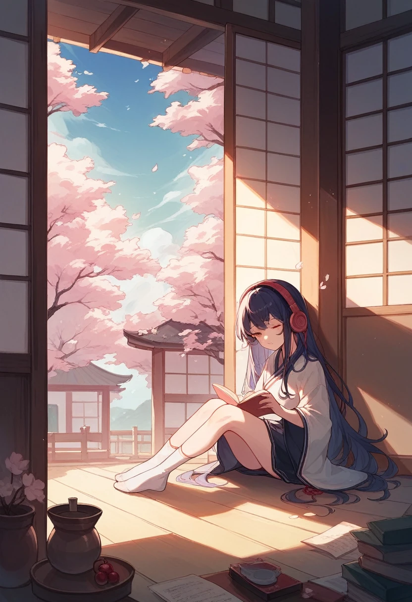 Beautiful girl studying in her room while listening to music with headphones、Warm lighting、Outside the room, cherry blossoms are blooming Japanese anime style
