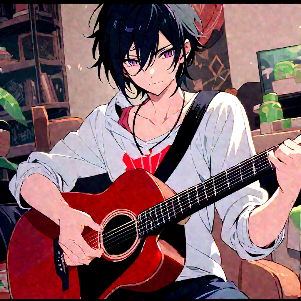 A handsome boy with messy white hair and beautiful purple eyes playing the guitar