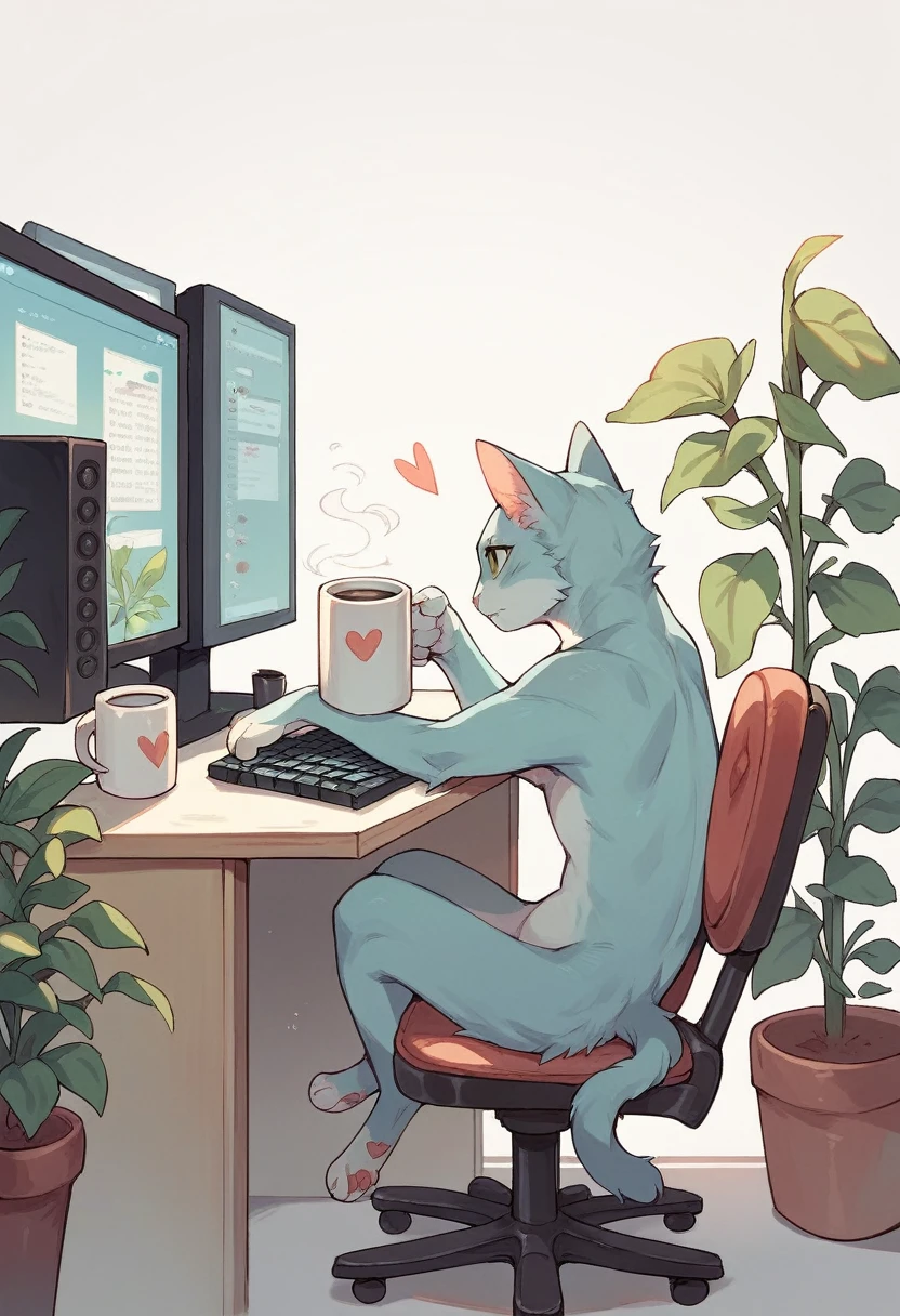 SD Main, Flat Illustration,
masterpiece, Highest quality,,No humans, Mug, plant, Cat, cup, Chair, heart, potted plant, White Background, coffee Mug, Sitting, alone, keyboard, monitor
 