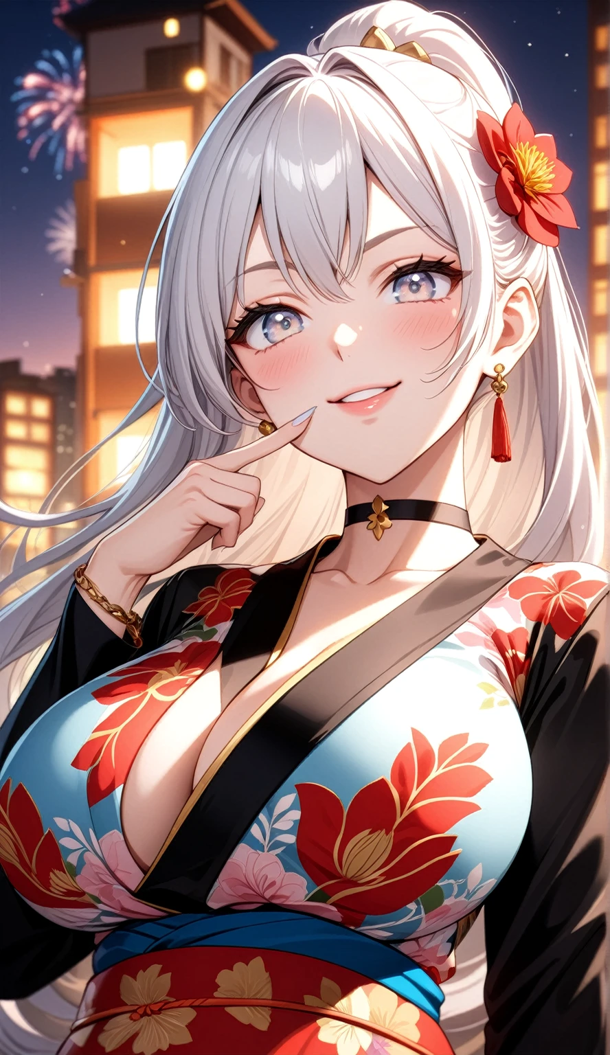 ((One personの女性)), Beautiful Face, head tilt, (( smile)),((Wink:1.8)), Laugh with your mouth wide open,((Bright red cheeks:1.4)),Shiny red lips,night,rooftop,You can see the ocean, firework,Laughing with your mouth open,Glossy pink lips, lighting,((Anime style background)),masterpiece, Highest quality, so beautiful,up to date, Complex details, (Pink long nails), (4fingers and 1thumbs), (ring),(bracelet),(choker),AI-generated, Complex,High resolution, Highest quality, super high quality,3D Images、3D Images,One person,Long white hair,High Ponytail,(blue eyes),Anime woman posing for a photo, ((Fine grain、Silvery white colorful eyes、Shining Eyes:1.3)),(Squint your eyes:1.1),a hyperRealistic , hyperRealistic , Realistic,Anime woman with long white hair, Smooth anime CG art, A woman in a colorful kimono with gold embroidery, (Black long sleeve kimono),Red floral pattern,Long flower hair ornament,Earrings,Mature Body,(:1.1),expensive,Abdominal muscles,Tight waist,(Zoom up to face:1.7),Shooting from diagonally below