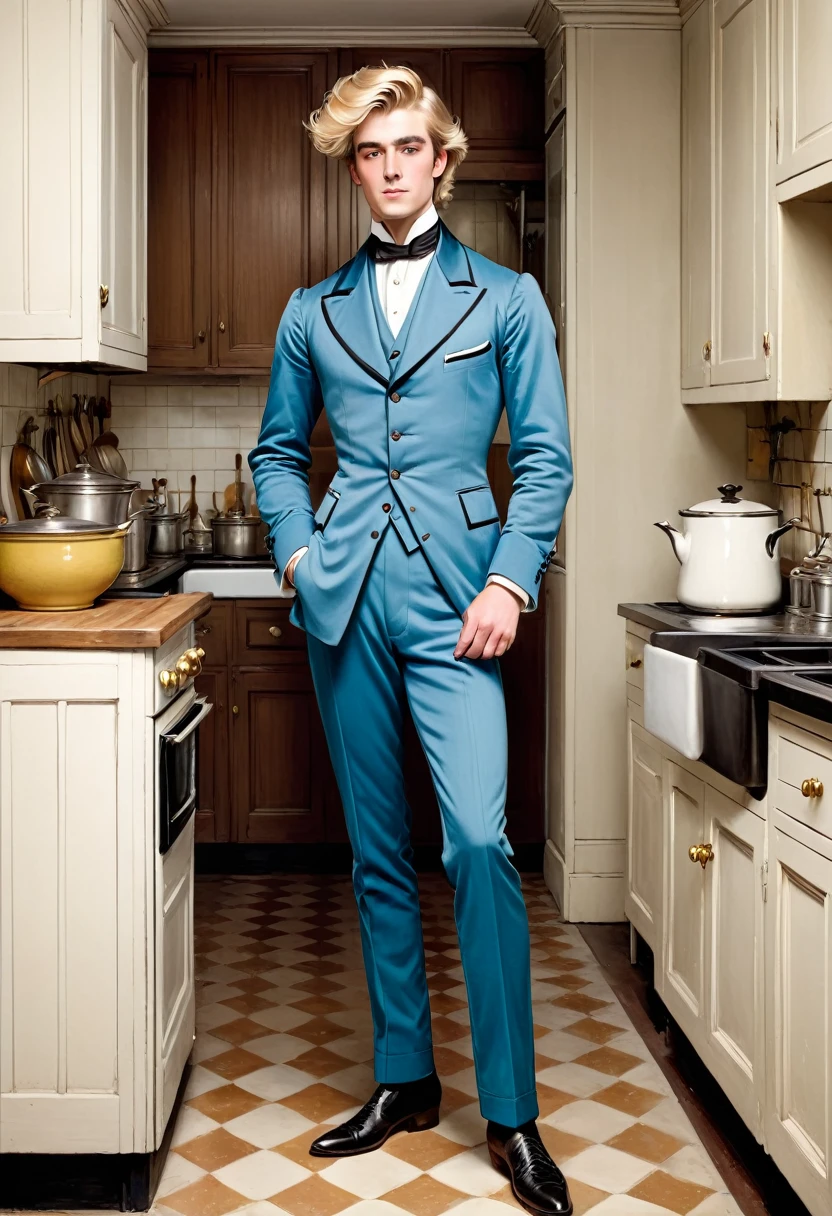 Full body shot in front view, young handsome Victorian dandy with straight blonde hair standing in an kitchen coloured drawing in the style of 1871 Punch magazine illustrations. In the style of Charles Dana Gibson