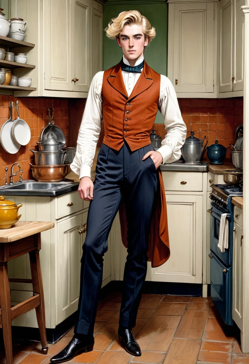 Full body shot in front view, young handsome Victorian dandy with straight blonde  hair standing in an kitchen coloured drawing in the style of 1871 Punch magazine illustrations. In the style of Charles Dana Gibson