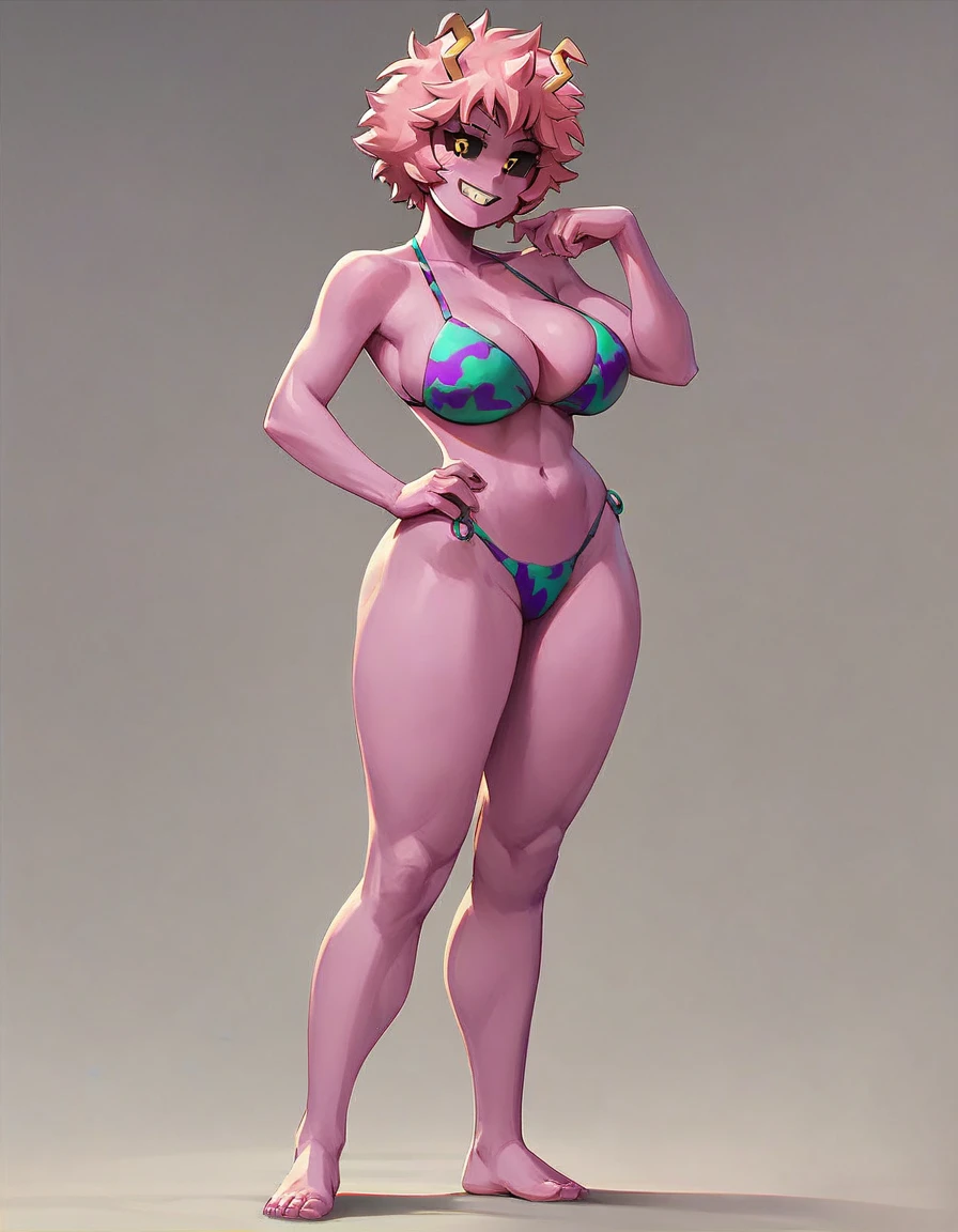 Mina ashido, big cleavage, bikini, barefoot, full body, big bust, standing, eye contact, looking at viewer, seductive grin