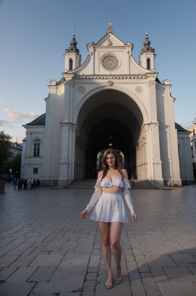 (better quality, high resolution, Ultra detailed: 1.2), ((in 8k, Photo rafraîchie, High quality, Masterpiece: 1.2)), one person woman, a whole body, debout, a Lithuanian, ((in Vilnius)), a pretty face, un corps beau, bionde, ((en haut de pariou violet)), ((a cheeky smile)), ((Vilnius Arch Cathedral)) et ((Tour de Gediminas)) in the background. ((Cathedral Square)) with dramatic lighting