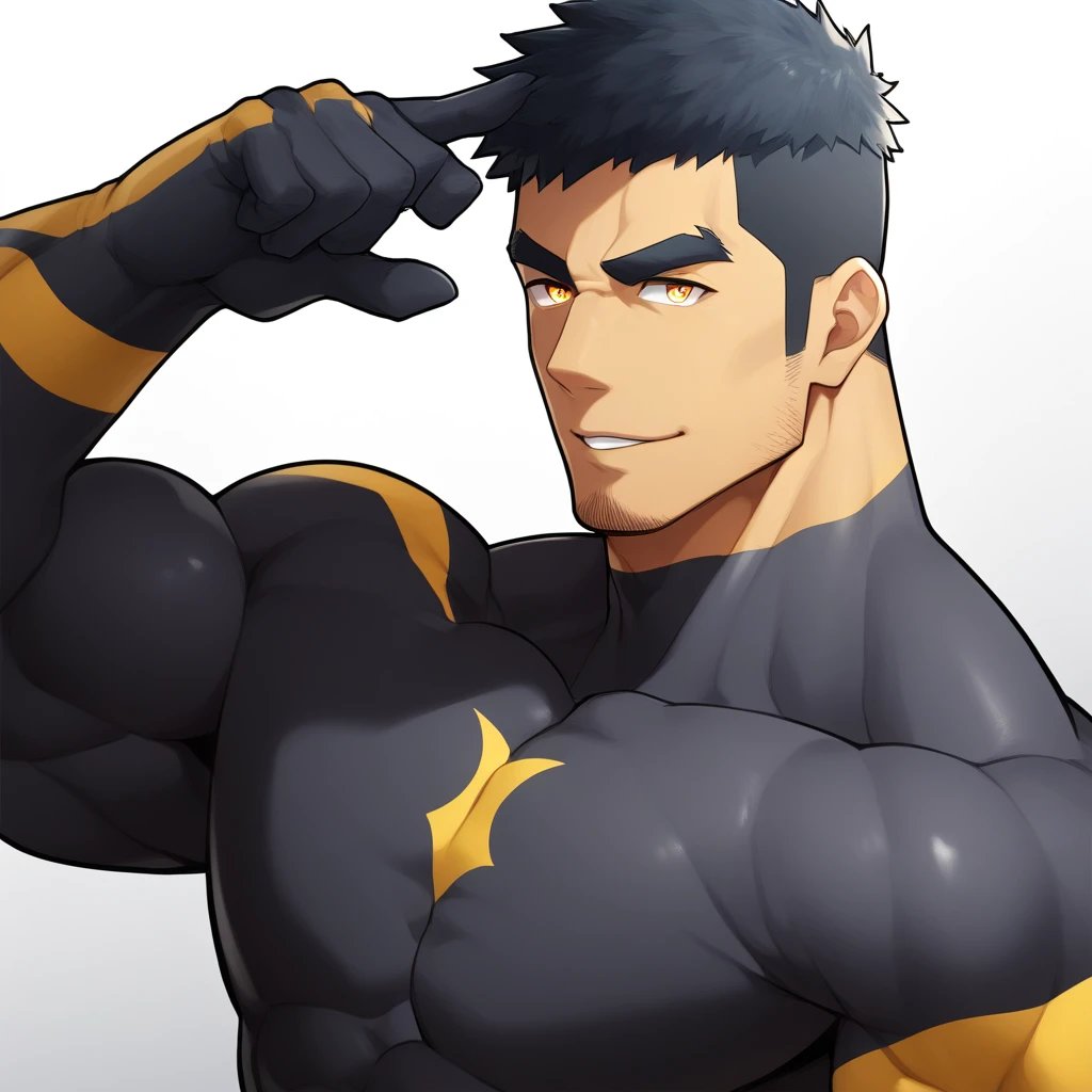anime characters:Gyee, Muscle Sports Student, ????? black skin, 1 muscular tough guy, Manliness, male focus, Light Yellow long sleeve tights, Very tight, The pectoral muscles are oversized, Slightly transparent, muscular male, muscular, only, Upper body, alone, Black short hair, Thick eyebrows, stubble, Yellow eyes, White background, simple background, amazing quality, best aesthetics, Ridiculous, bright pupils, crew cut, parted lips, seductive smile, torogao, naughty face, drop shadow, best quality