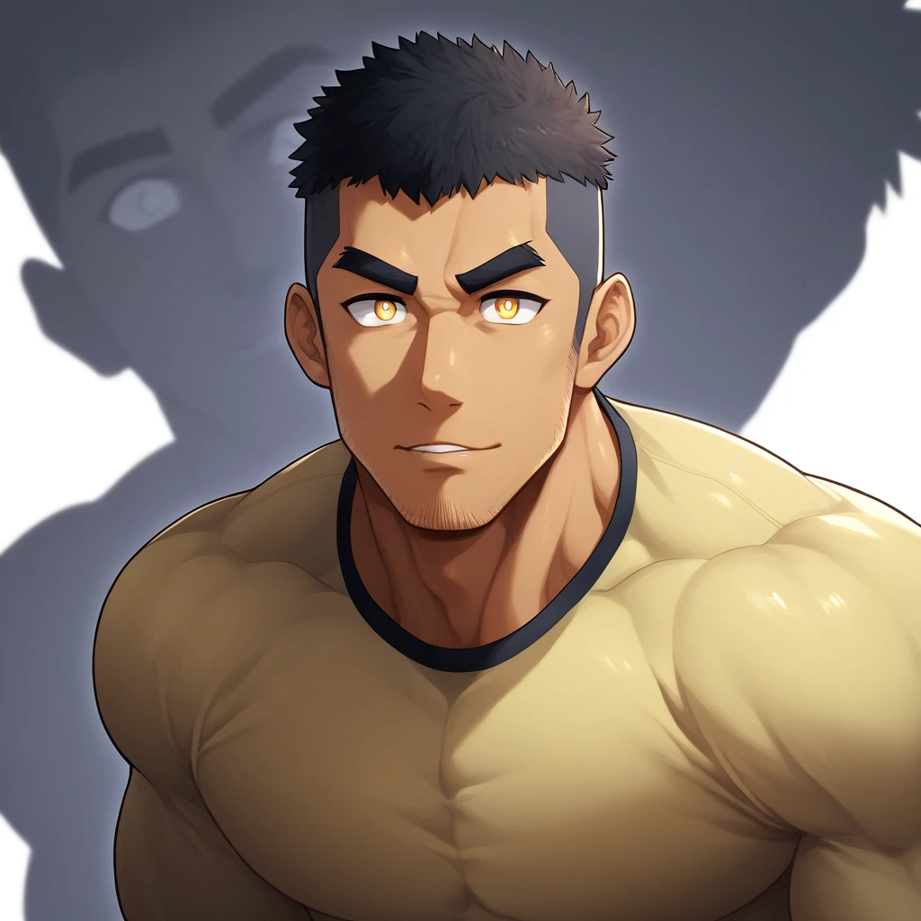 anime characters：Gyee, Muscle Sports Student, negro black skin, 1 muscular tough guy, Manliness, male focus, Light Yellow long sleeve tights, Very tight, The pectoral muscles are oversized, Slightly transparent, muscular male, muscular, only, Upper body, alone, Black short hair, Thick eyebrows, stubble, Yellow eyes, White background, simple background, amazing quality, best aesthetics, Ridiculous, bright pupils, crew cut, parted lips, seductive smile, torogao, naughty face, drop shadow, best quality