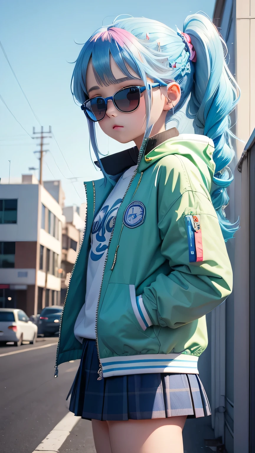 Loli girl, beautiful and cute, wearing blue sunglasses, green jacket, white sweatshirt, lots of colorful balloons, , chibi style, red and blue two-color hair, ponytail braided hair, perfect detail eyes, delicate face, perfect CG, HD picture quality, colorful balloons, sky, a white truck parked in front of a building,