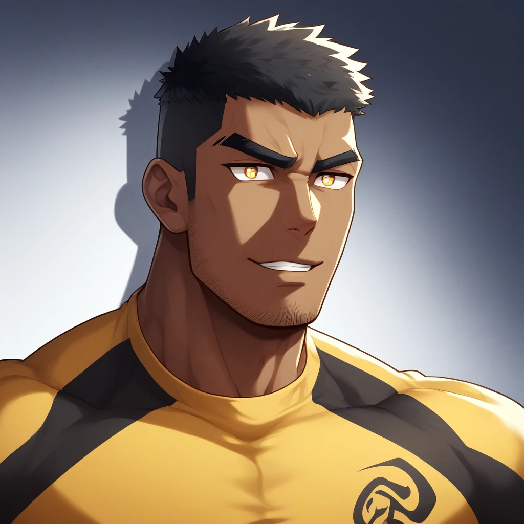 anime characters：Gyee, Muscle Sports Student, negro black skin, 1 muscular tough guy, Manliness, male focus, Light Yellow long sleeve tights, Very tight, The pectoral muscles are oversized, Slightly transparent, muscular male, muscular, only, Upper body, alone, Black short hair, Thick eyebrows, stubble, Yellow eyes, White background, simple background, amazing quality, best aesthetics, Ridiculous, bright pupils, crew cut, parted lips, seductive smile, torogao, naughty face, drop shadow, best quality