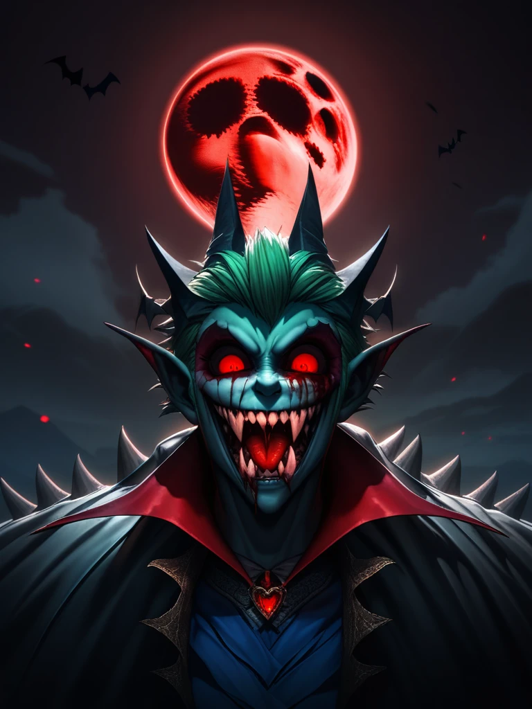 32k, best quality, ultra high res, HDR, UHD, extremely detailed CG, unity 32k wallpaper, Red Eyes, Vampire tooth fangs, Boolean surface, Blood from the mouth, Smirk,Bat Wings, Scary smile, Psychopath Smile, Psychopath smile, Scary, ???? Opem, Angry eyes, Vampire, Dark sky background, Red + Blue + Green, Shining red moon, Red Eyes, Vampire tooth fangs, Boolean surface, Blood from the mouth, Smirk,Bat Wings, Scary smile, Psychopath Smile, Psychopath smile, Scary, ???? Opem, Angry eyes, Vampire, Dark sky background, Red + Blue + Green, Shining red moon,