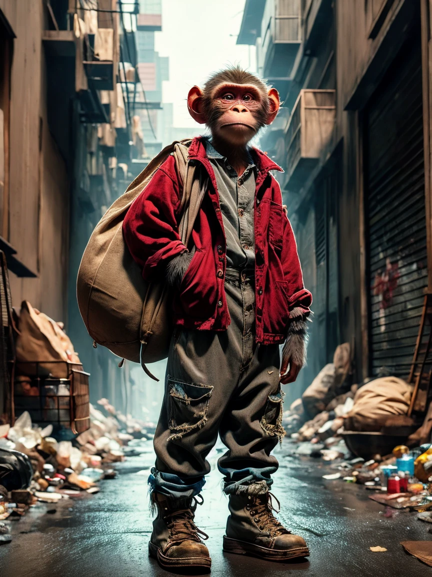 (personification:1.3),(Poor monkey),Ragged(Gray baseball jacket:1.3)and(Work clothes),(Rag shoes),Dragging a bag taller than oneself,Little monkey standing in the city street,地上堆满了垃圾and瓶子,Original painting style,But change the background to a city scene,Strengthens the contrast between the innocence of the characters and the harshness of the urban environment,Highlights the dire conditions in urban wasteland
