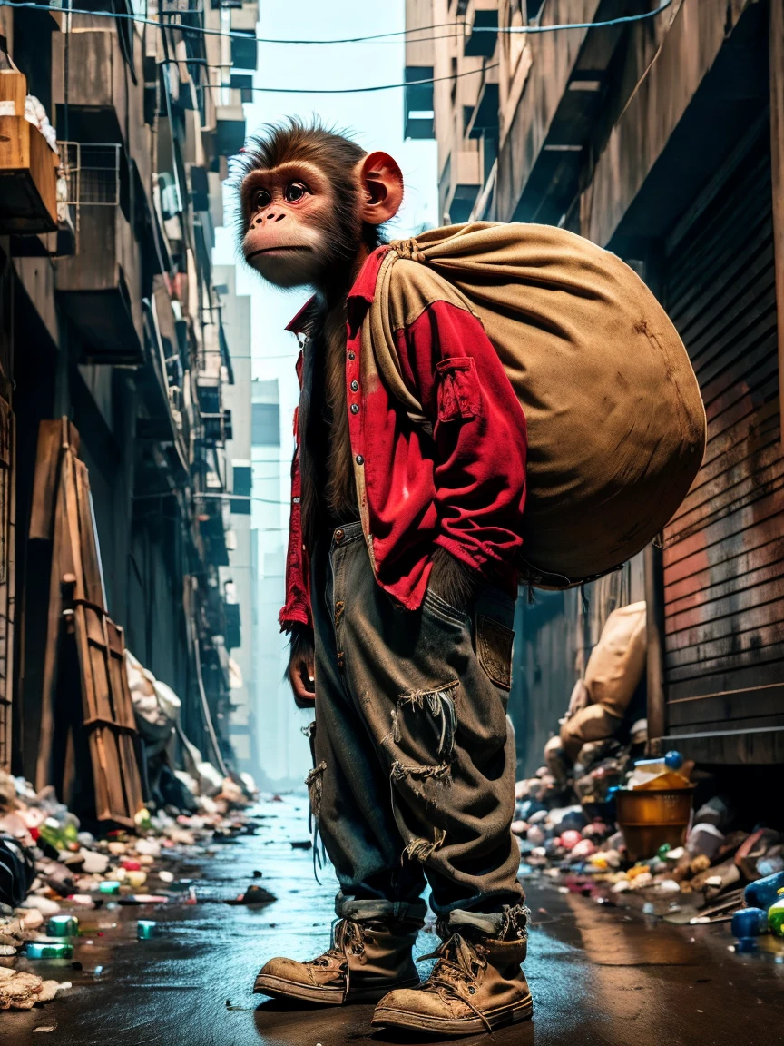 (personification:1.3),(Poor monkey),Ragged(Gray baseball jacket:1.3)and(Work clothes),(Rag shoes),Dragging a bag taller than oneself,Little monkey standing in the city street,地上堆满了垃圾and瓶子,Original painting style,But change the background to a city scene,Strengthens the contrast between the innocence of the characters and the harshness of the urban environment,Highlights the dire conditions in urban wasteland