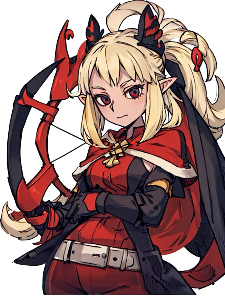A female elf，front,((Half Body),(Long blond hair，Archer)),Pointed ears，Red Cape，beauty，kindly，Solid color background，White background
