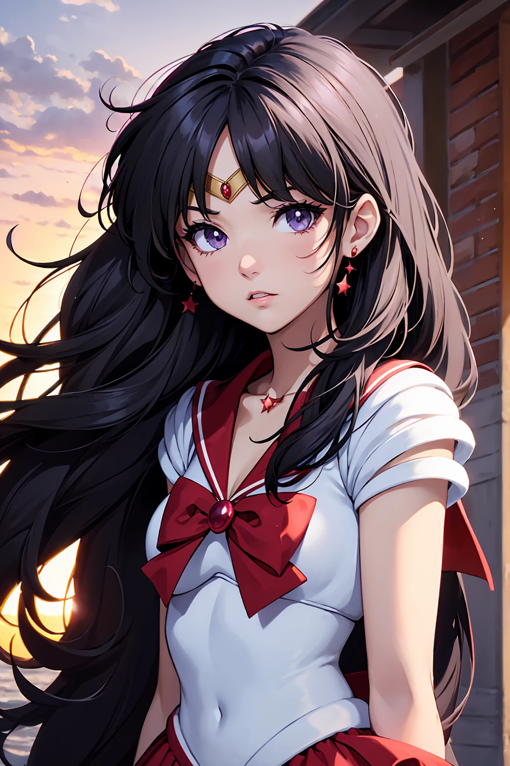NSFW , (Highest quality:1.5, High resolution, 4K, Detailed lighting, Shaders),, tiara, Sailor Senshi Uniform, White gloves, Red Sailor Collar, Red Skirt, Star Necklace, Elbow hand pockets, Pleated skirt, Just Play, Purple ribbon, Denim photoshoot, Outdoor, Background blur (85mm lens), front facing camera, Gentle expression, wind blowing hair, fluffy hair, hair ((black)), inflammation