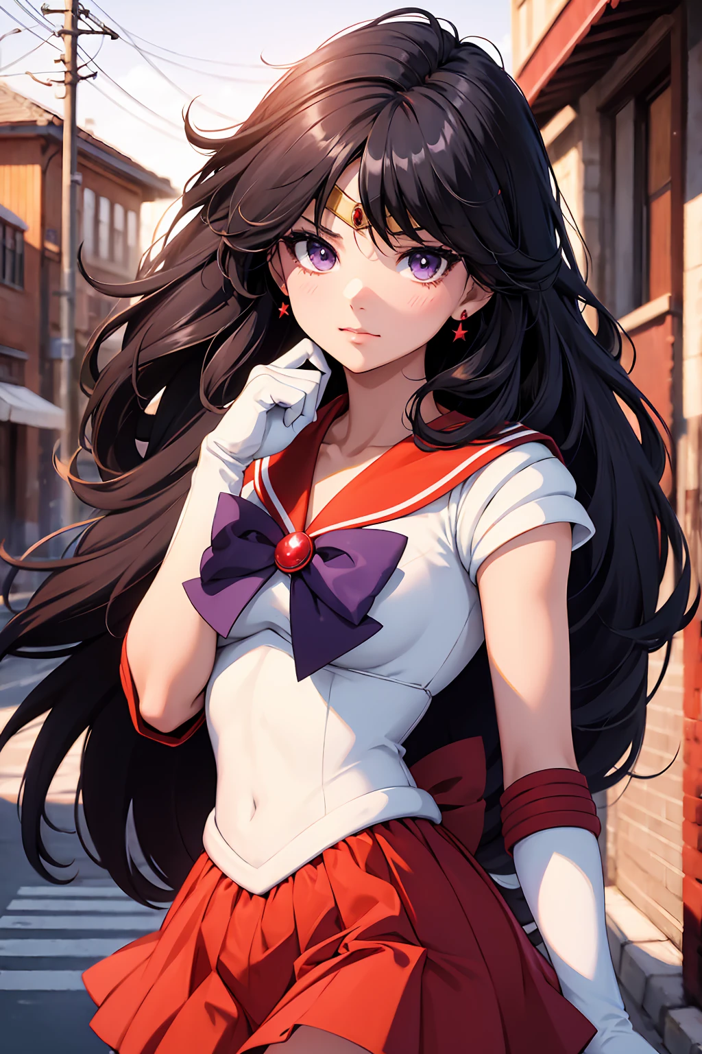 NSFW , (Highest quality:1.5, High resolution, 4K, Detailed lighting, Shaders),, tiara, Sailor Senshi Uniform, White gloves, Red Sailor Collar, Red Skirt, Star Necklace, Elbow hand pockets, Pleated skirt, Just Play, Purple ribbon, Denim photoshoot, Outdoor, Background blur (85mm lens), front facing camera, Gentle expression, wind blowing hair, fluffy hair, hair ((black)), inflammation