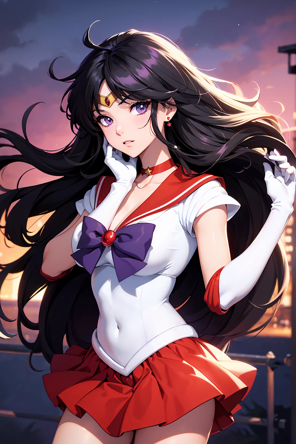 NSFW , (Highest quality:1.5, High resolution, 4K, Detailed lighting, Shaders),, tiara, Sailor Senshi Uniform, White gloves, Red Sailor Collar, Red Skirt, Star Necklace, Elbow hand pockets, Pleated skirt, Just Play, Purple ribbon, Denim photoshoot, Outdoor, Background blur (85mm lens), front facing camera, Gentle expression, wind blowing hair, fluffy hair, hair ((black)), inflammation