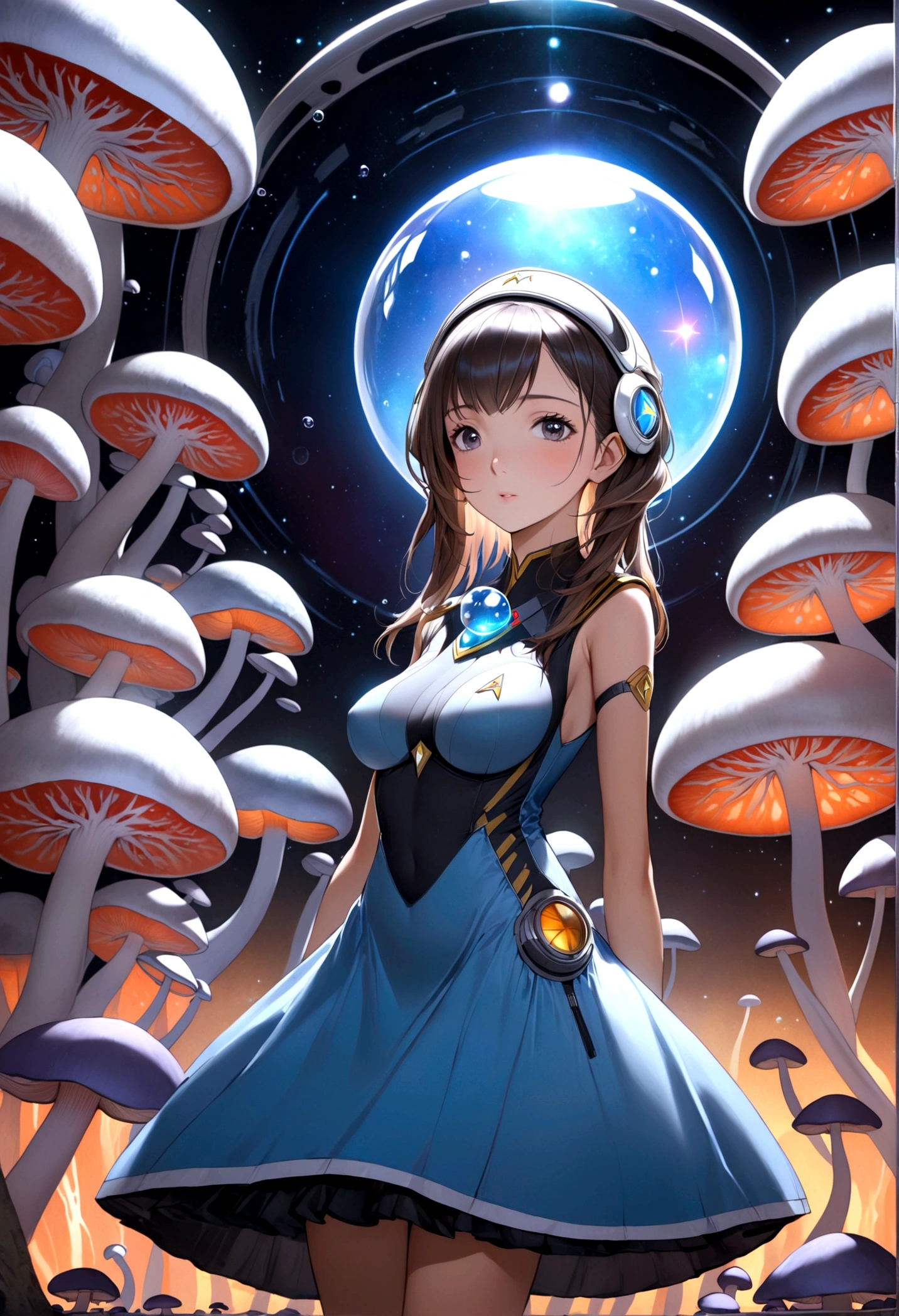 a sexy starfleet explorer woman in a mini dress exploring an alien world, mushroom women inspecting her, beautiful detailed eyes,beautiful detailed lips,extremely detailed eyes and face,longeyeashes,high quality,8k,hyperrealistic,cinematic lighting,sci-fi,vibrant colors,alien landscape,dramatic composition