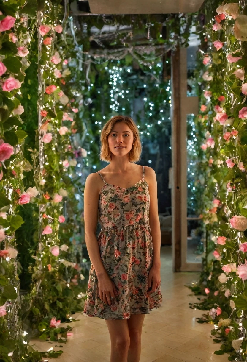 extreme low angle photo taken from below of a young woman with sleeveless dress, standing inside a room full with flowers and green leaves and fairy lights on its walls and ceilings. She is looking at the camera with slight smile. The floor and walls are made from mirrors, creating ethereal reflections.