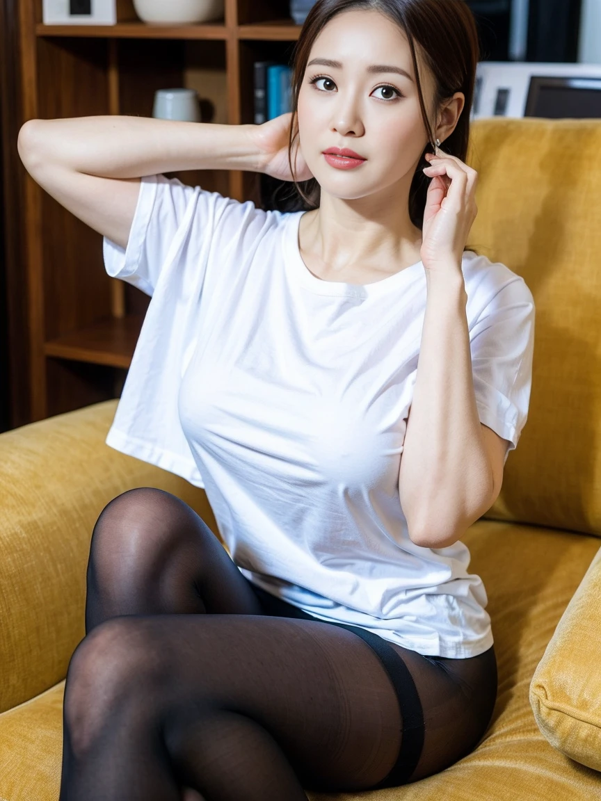 Top quality, 1 beautiful woman,busty breats,wearing white big T-shirts, Black Ami tights, 35mm lens, f/1,feeing good,(Sitting with Knees Up:1.3),on the sofa,arm up