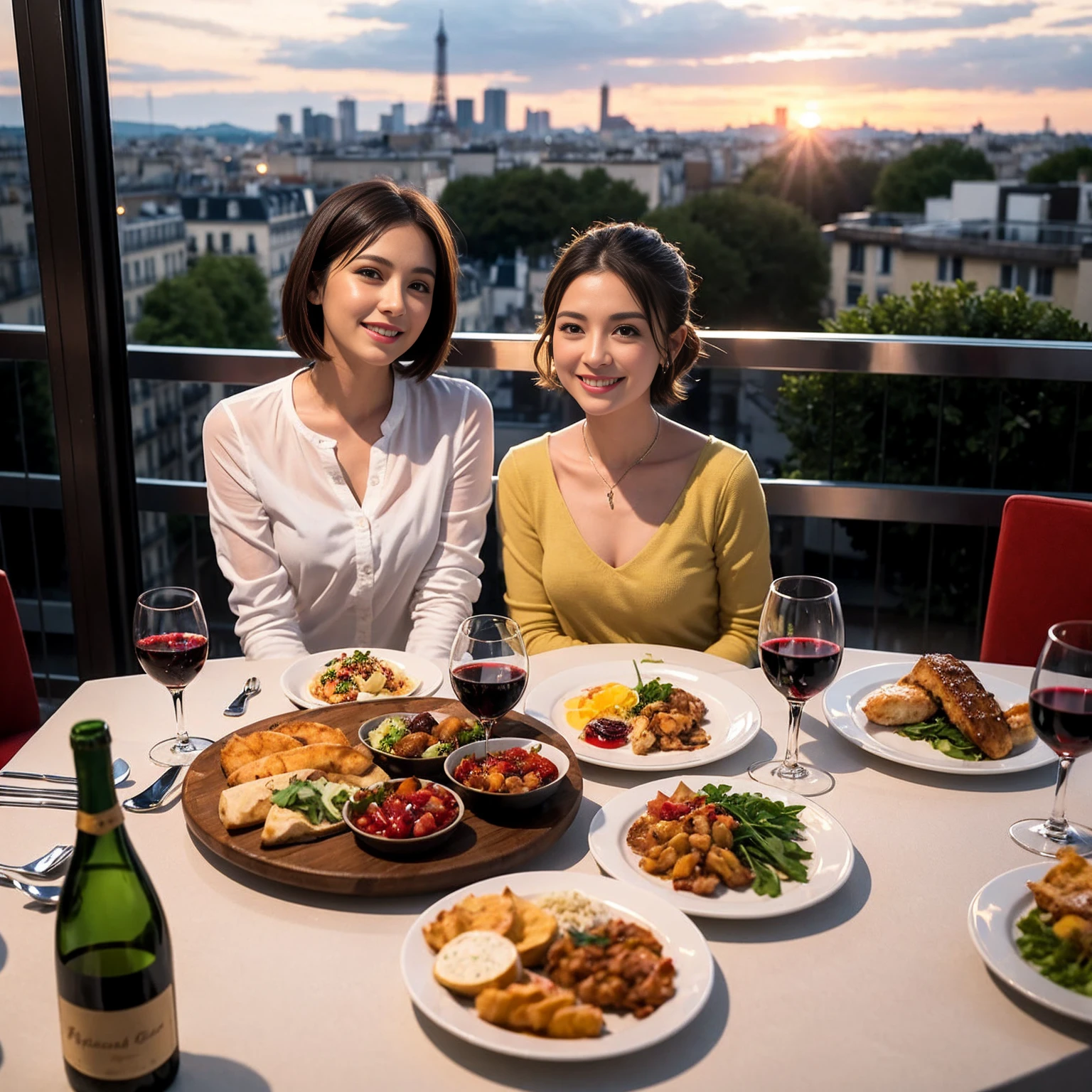 ((Highest quality、8K、masterpiece:1.3))、 (Ultra-realistic、 Genuine、Bright image、Intricate details:1.2), 最高のsmile、1 male 1 female、Slim Beauty、Beautiful couple、love love love、Lovers in Paris、Good friends、actress couple、smile、Full-course dinner at a packed table、 (Slim face), (the body is slim), (Brown Hair), (short hair), テーブルのwine glass、Please shine a light on my face、 Amazing view of the sunset sky and clouds、35 years old 39 years old, red wine 、Appetizers、Wine bottle、sparkling wine、Long sleeve shirt、dress、White wine, red wine, wine glass,