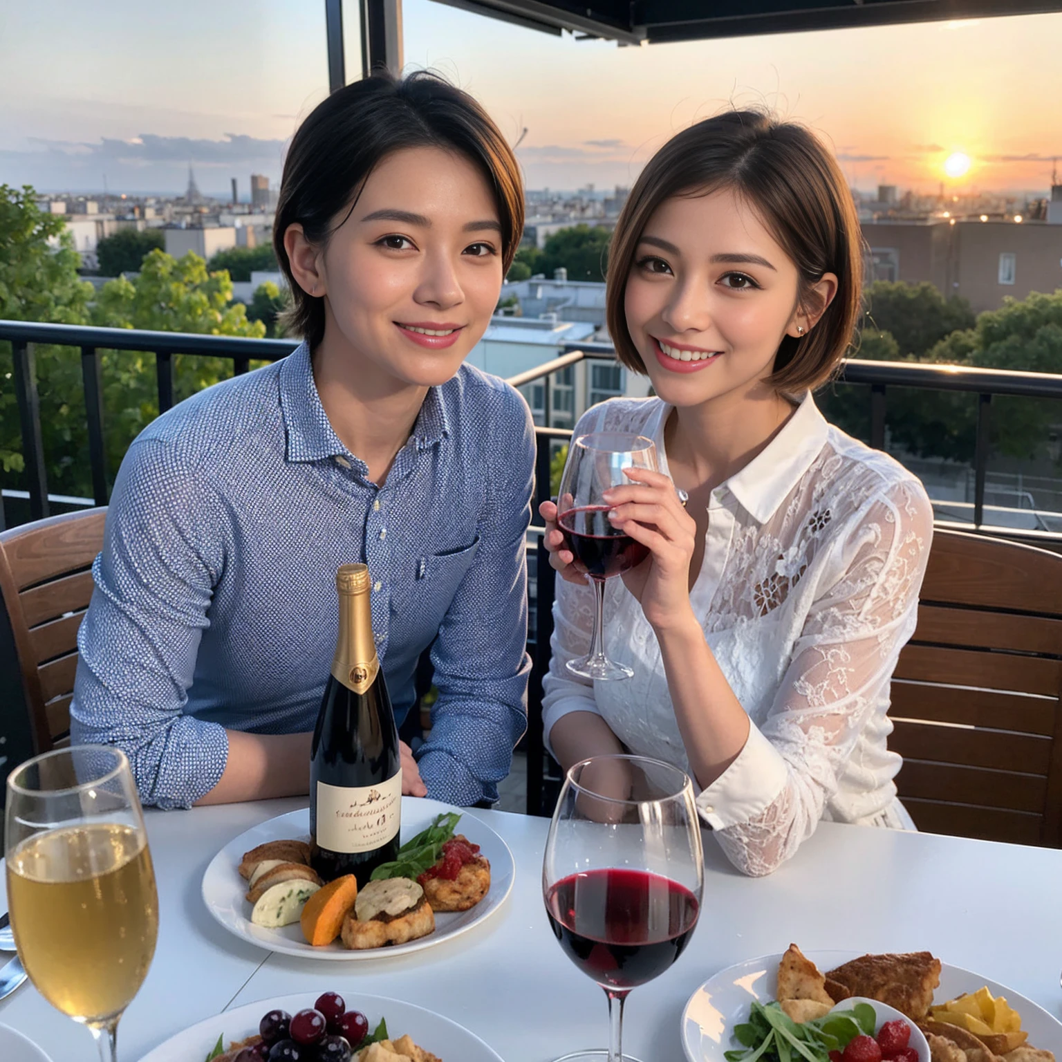 ((Highest quality、8K、masterpiece:1.3))、 (Ultra-realistic、 Genuine、Bright image、Intricate details:1.2), 最高のsmile、1 male 1 female、Slim Beauty、Beautiful couple、love love love、Lovers in Paris、Good friends、actress couple、smile、Full-course dinner at a packed table、 (Slim face), (the body is slim), (Brown Hair), (short hair), テーブルのwine glass、Please shine a light on my face、 Amazing view of the sunset sky and clouds、35 years old 39 years old, red wine 、Appetizers、Wine bottle、sparkling wine、Long sleeve shirt、dress、White wine, red wine, wine glass,