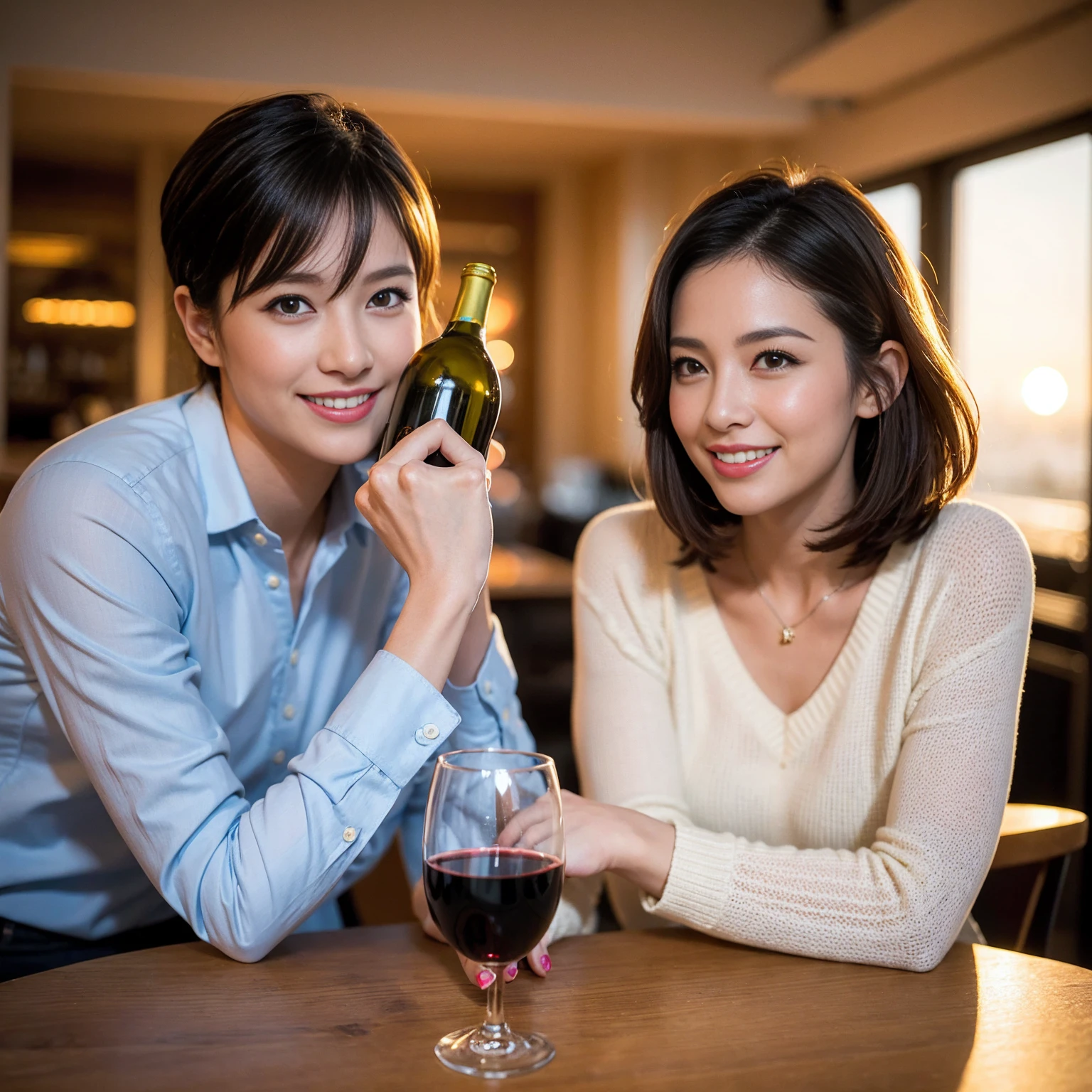((Highest quality、8K、masterpiece:1.3))、 (Ultra-realistic、 Genuine、Bright image、Intricate details:1.2), 最高のsmile、1 male 1 female、Slim Beauty、Beautiful couple、love love love、Lovers in Paris、Good friends、actress couple、smile、Full-course dinner at a packed table、 (Slim face), (the body is slim), (Brown Hair), (short hair), テーブルのwine glass、Please shine a light on my face、 Amazing view of the sunset sky and clouds、35 years old 39 years old, red wine 、Appetizers、Wine bottle、sparkling wine、Long sleeve shirt、dress、White wine, red wine, wine glass, 