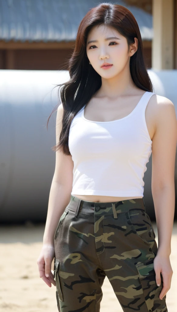 close-up of beautiful South Korean, Kwon Eunbi is a South Korean singer and actress, Lieutenant Jordan O'Neil is a female character G.I. Jane movie remake, youthful face, perfect body, white body skin, very long hair, black hair, straight hair, 36 inches breasts size, wearing a plain white short-sleeved tank top, wearing a tight camouflage leggings, O’Neil’s shirt was cut by male soldier using a scissor from a t-shirt to a tank top in a very sighing and sexy manner, strand by strand of O’Neil’s clothes fell off because it had been cut, the rest of O’Neil’s clothes were scattered on the floor because they had been cut, O’Neil’s shirt shows off her breasts because male soldier cut them off, making her look sexier and more seductive, sexy looking pose, pose a naughty look, at the military training camp, military training camp background, UHD