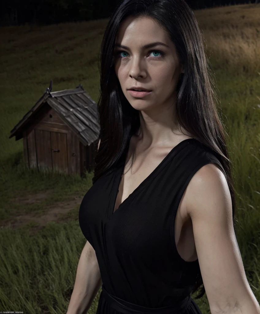 view from above, fucked silly, defeat, masterpiece 8k, high Detailed image (realism), Shelob, pale skin, long black hair, green eyes, wearing black dress, huge breast cleavage, (shiny huge breasts), (naturally saggy breasts), (focus on detailed body anatomy), Slim body , cared expression,((tears)), full body, standing a grass field on a full moon and an old creepy wooden hut in the background. Ultra Realistic, Detailed Environments, Dramatic Lighting, ((Detailed Image)), (Intricate Details), Professional Photography, ((Shallow Depth of Field)) (Cinematic Lighting), HDR Enhancement, Ultra Fine Texture, Photorealistic, Extremely Realistic.