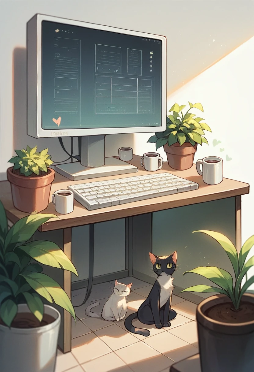 SD Main, Flat Illustration,
masterpiece, Highest quality,,No humans, Mug, plant, Cat, cup, Chair, heart, potted plant, White Background, coffee Mug, Sitting, alone, keyboard, monitor