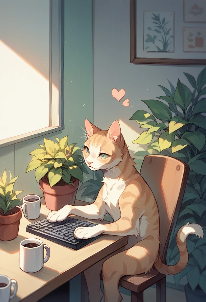 SD Main, Flat Illustration,
masterpiece, Highest quality,,No humans, Mug, plant, Cat, cup, Chair, heart, potted plant, White Background, coffee Mug, Sitting, alone, keyboard, monitor