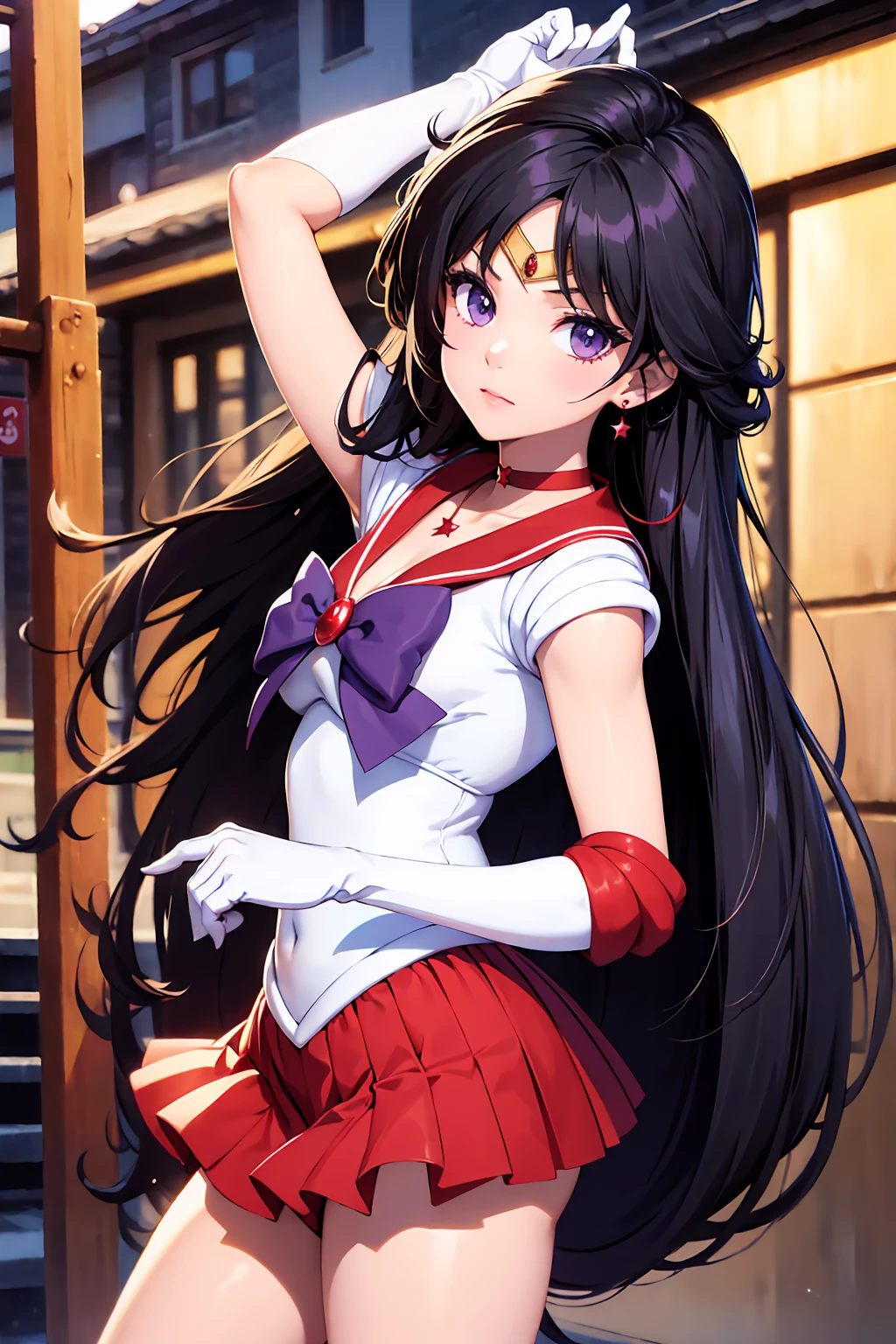  , (Highest quality:1.5, High resolution, 4K, Detailed lighting, Shaders),, tiara, Sailor Senshi Uniform, White gloves, Red Sailor Collar, Red Skirt, Star Necklace, Elbow hand pockets, Pleated skirt, Just Play, Purple ribbon, Denim photoshoot, Outdoor, Background blur (85mm lens), front facing camera, Gentle expression, wind blowing hair, fluffy hair, hair ((black)), inflammation　Bedroom　