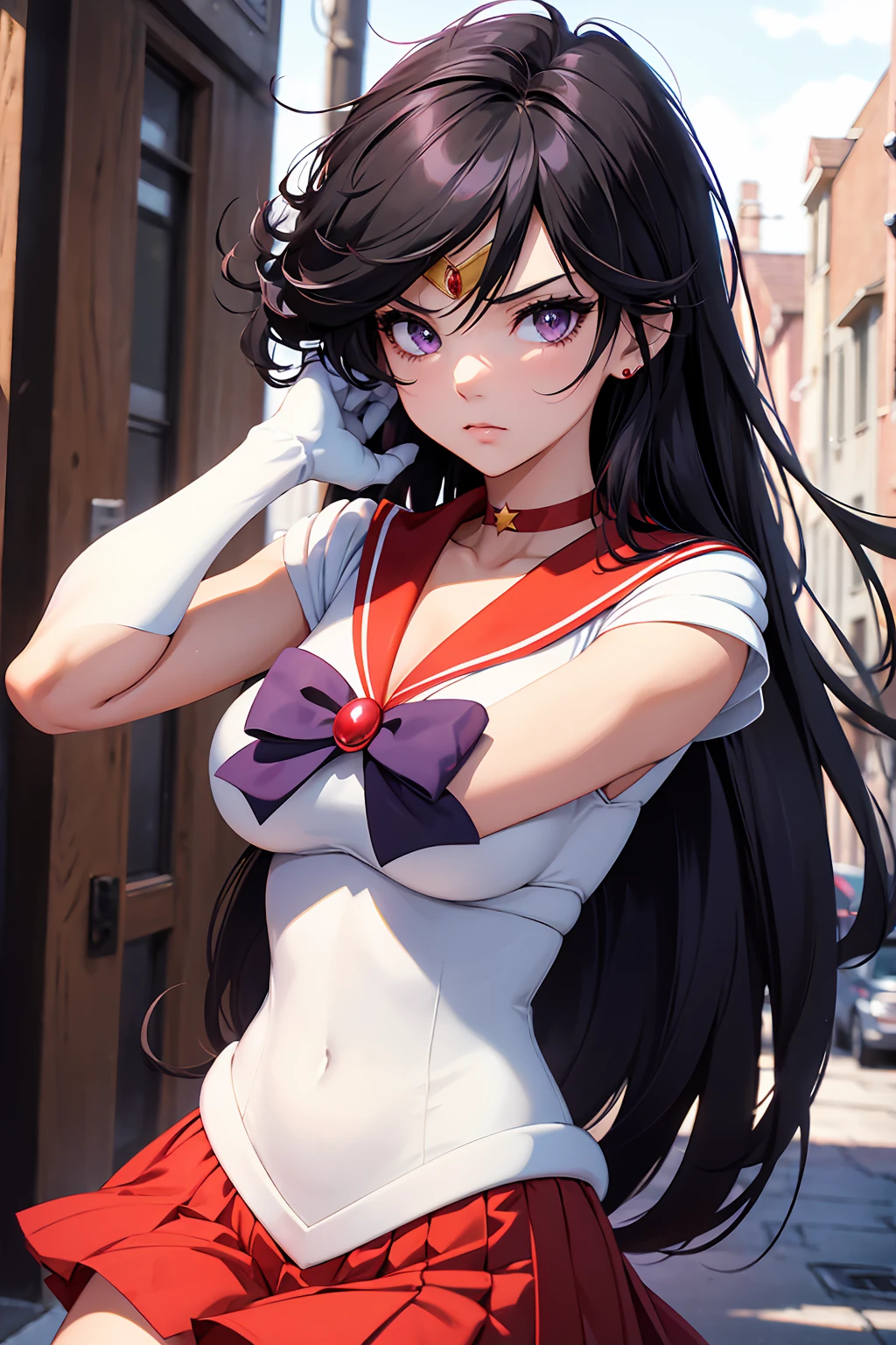 NSFW , (Highest quality:1.5, High resolution, 4K, Detailed lighting, Shaders),, tiara, Sailor Senshi Uniform, White gloves, Red Sailor Collar, Red Skirt, Star Necklace, Elbow hand pockets, Pleated skirt, Just Play, Purple ribbon, Denim photoshoot, Outdoor, Background blur (85mm lens), front facing camera, Gentle expression, wind blowing hair, fluffy hair, hair ((black)), inflammation Bedroom
