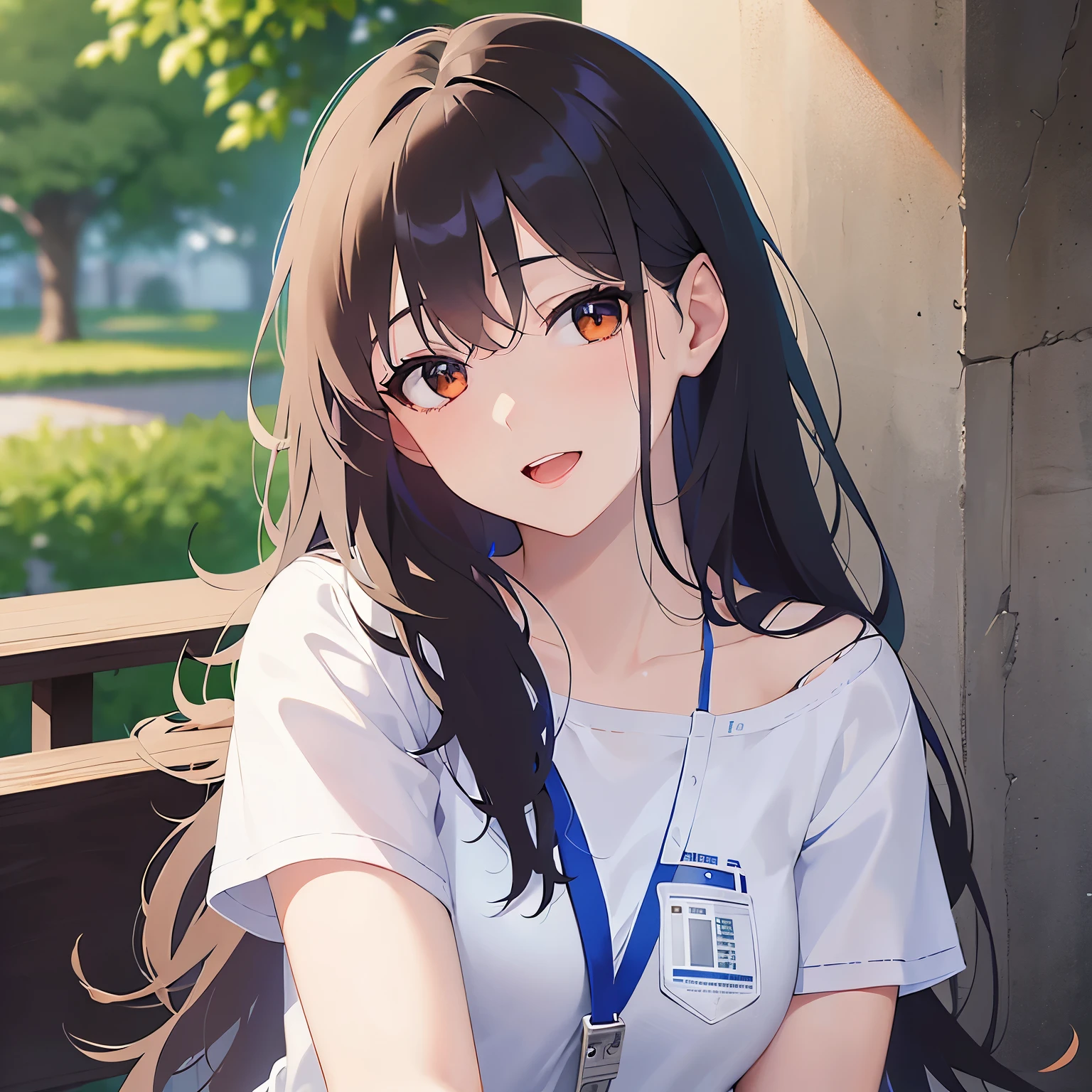 head tilt, Biologically correct five fingers、Realistic, real person, (pale skin: 1.2), upper body, RAW photo, photorealistic, shiny skin, shiny hair、(A 25-year-old woman with medium-length hair and bangs) and (wavy hair) and (brown hair) and (Orange Eyes) , (White T-shirt) 、smile, open mouth, The background is outside、Alone、Are standing