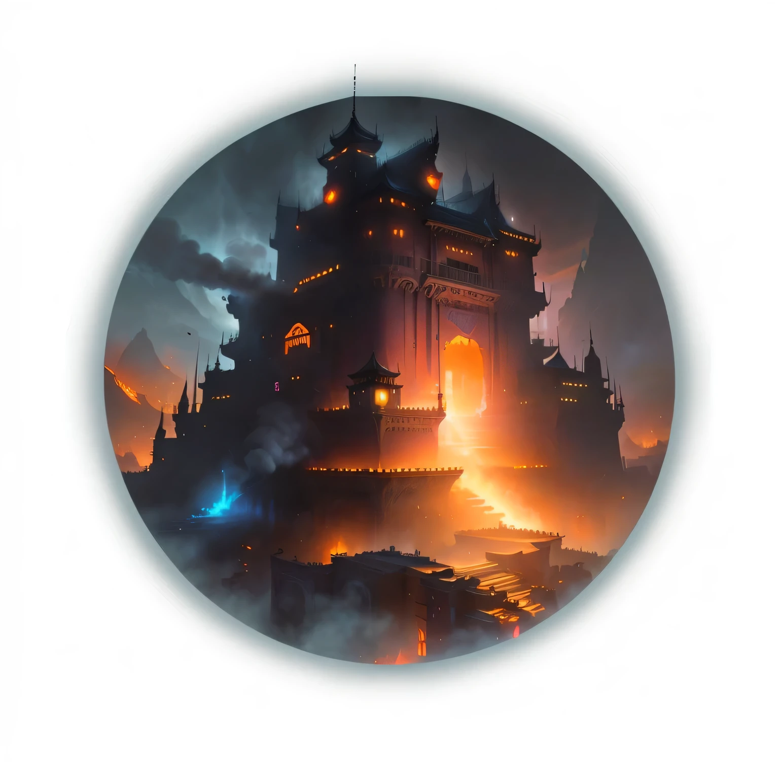 There is a picture of the castle,There is a fire in the middle, An ancient city engulfed in fire, Paul Lyell and Beeple, Andreas Rocha style, Cyberpunk Chinese Ancient Castle, High Fantasy Painted Scenes, Illustrations, Paul Lyell (Paul Lehr) of inspiration, Fantasy style matte, High fantasy illustration, Inspired by Marc Simonetti, matte painting of steam machines