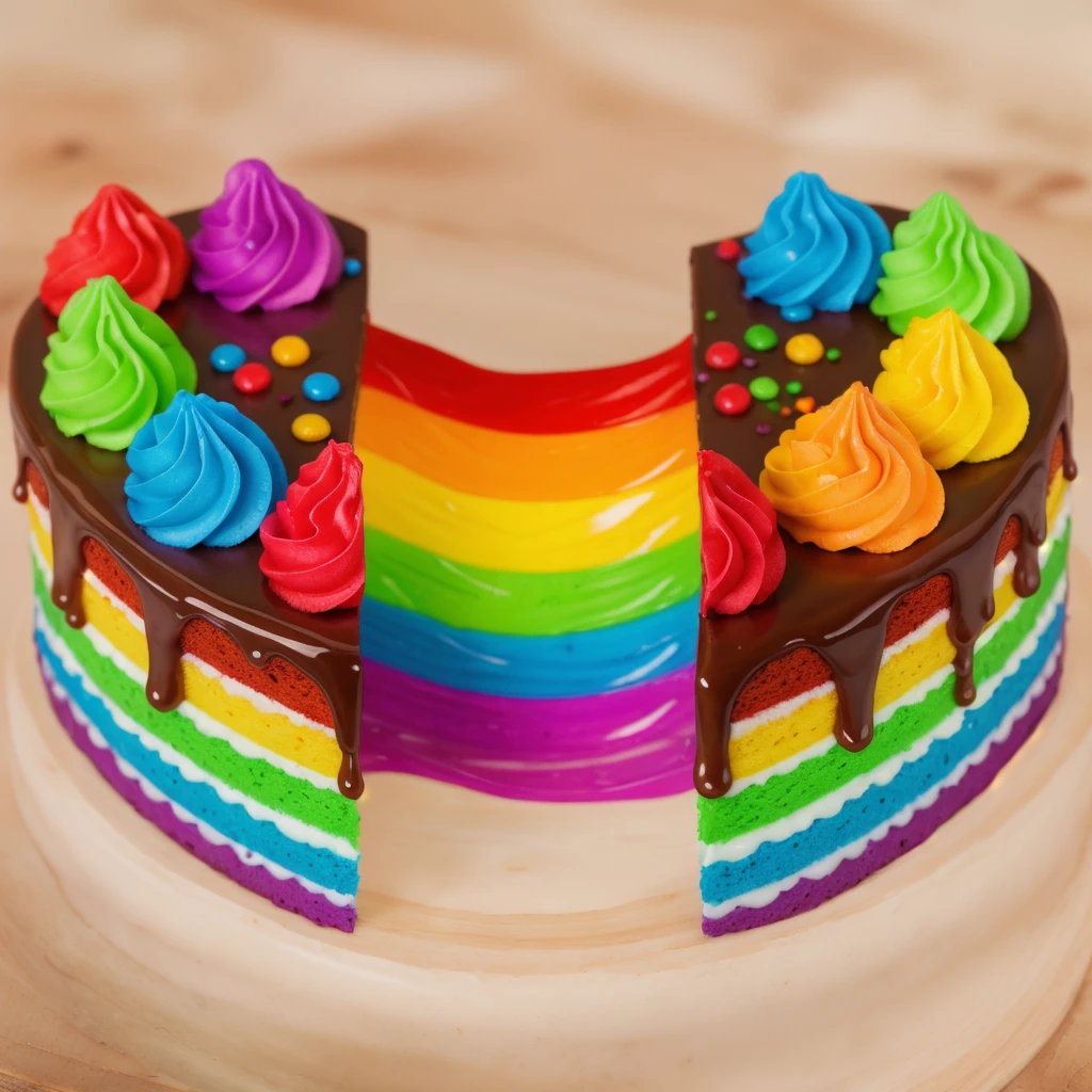 on a wooden table, heart shaped cake, cut in half. Rainbow liquid cream flows out of the cake. drips. радужные drips выливаются, realistic picture, Realistic style, realistic textures, bright lighting, beautiful light source, detailed textures, high quality, A high resolution, macro photography, ultra 4k hd.