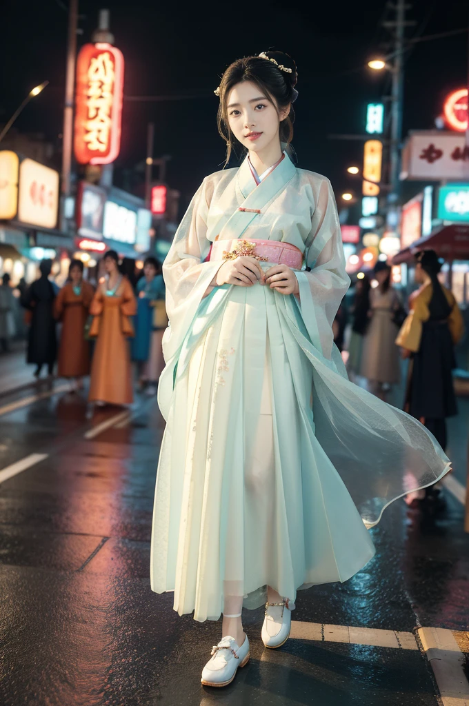 (((best quality))),(((ultra detailed))),(((masterpiece))),illustration,1girl,bun hair,( gauze hanbok:1.3),collar,slim,flat ,laughing, summer night,Korean city scape, street, neon signs, beautiful, vibrant, detailed  features,medium hair, elegance, cultural atmosphere, bustling city,tall buildings full of colorful advertisements, reflections, lively atmosphere,full body,slender legs,loafers