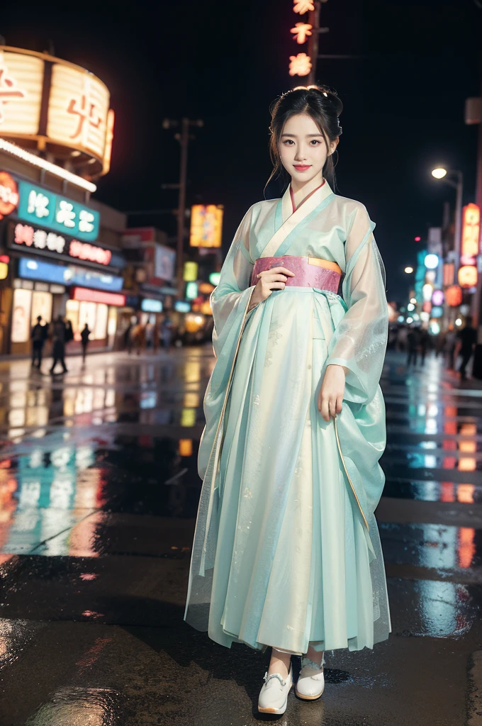 (((best quality))),(((ultra detailed))),(((masterpiece))),illustration,1girl,bun hair,(see through gauze hanbok:1.3),collar,slim,flat chest,laughing, summer night,Korean city scape, street, neon signs, beautiful, vibrant, detailed facial features,medium hair, elegance, cultural atmosphere, bustling city,tall buildings full of colorful advertisements, reflections, lively atmosphere,full body,slender legs,loafers