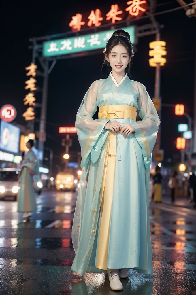 (((best quality))),(((ultra detailed))),(((masterpiece))),illustration,1girl,bun hair,(see through gauze hanbok:1.3),collar,slim,flat chest,laughing, summer night,Korean city scape, street, neon signs, beautiful, vibrant, detailed facial features,medium hair, elegance, cultural atmosphere, bustling city,tall buildings full of colorful advertisements, reflections, lively atmosphere,full body,slender legs,loafers