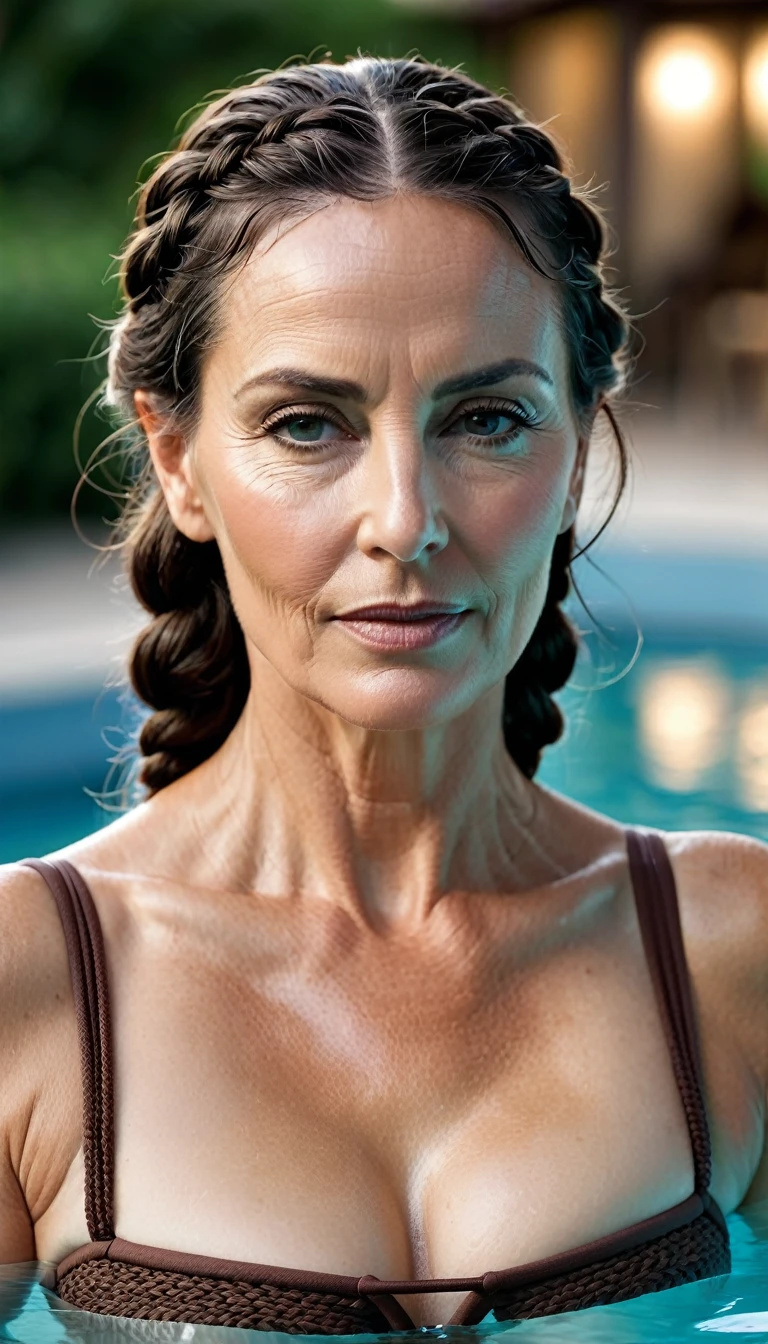 ((Realistic lighting, Best quality, 8K, Masterpiece: 1.3)), ((flat chest)), camisole, Clear focus: 1.2, Photo of a mature European woman, 50 years in all, A MILF, Perfect Figure: 1.4, ((Dark brown hair)), ((the low braided hair)), (bikini : 1.4), swimming pool, Super fine face, Fine eyes, Double eyelids, (full body)