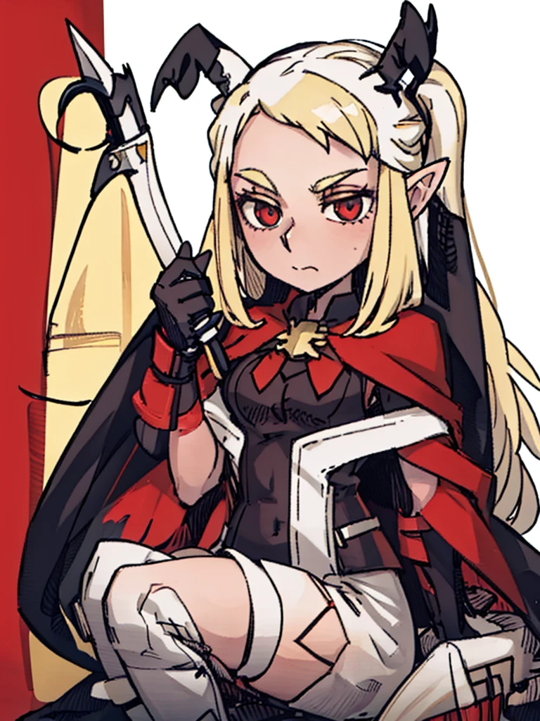 A female elf,front,((Half Body),(Long blond hair,Archer)),Pointed ears,Red Cape,beauty,kindly,Solid color background,White background