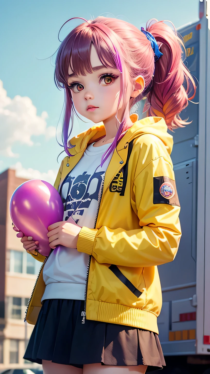 Loli girl, beautiful and cute,, yellow jacket, white sweatshirt, lots of colorful balloons, baby face, chibi style, red and blue two-color hair, ponytail braided hair, perfect detail eyes, delicate face, perfect CG, HD picture quality, colorful balloons, sky, a white truck parked in front of a building,  