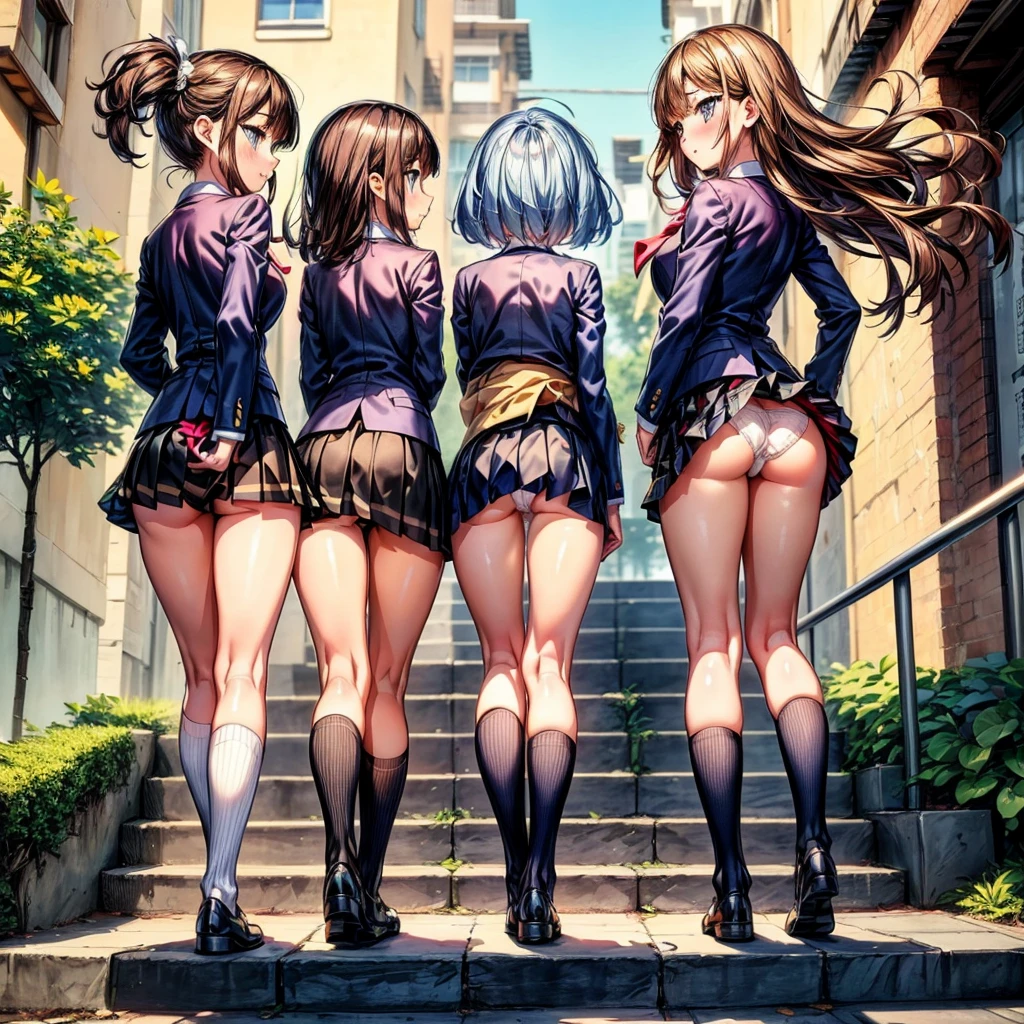 ((highest quality)), ((masterpiece)), (High resolution), 8K, best shadow, The best natural light, cinematic, (Four adult women walking up the stairs:1.4), (brown hair,)、Looking back, bashful、blazer、navy check skirt、(dark blue socks)、((Rear view))、Angle from the rear, dark blue socksにクローズアップ、Manga panel layout、cartoon style、Manga Design、station stairs, (Skirts that turn over in strong winds:1.4), Stylish white satin panties, slender body,beautiful thighs, embarrassed expression,NSFW,cum in panties