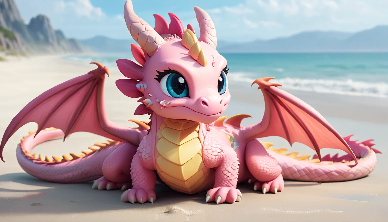 masterpiece,high quality,Monster,独奏,dragon ,(chibi:1.2),(pink body:1.2),pink dragon,horns,wings,lying on the ground,injured,unhappy,looking forward,looking sideways,head focus,poor,seaside,beach,blue sky,landscape,(non-human:1.2),lying,frustrated_brow,annoyed,frustrated,on stomach,bright-colored，The dragon looks sad.，The expression to cry