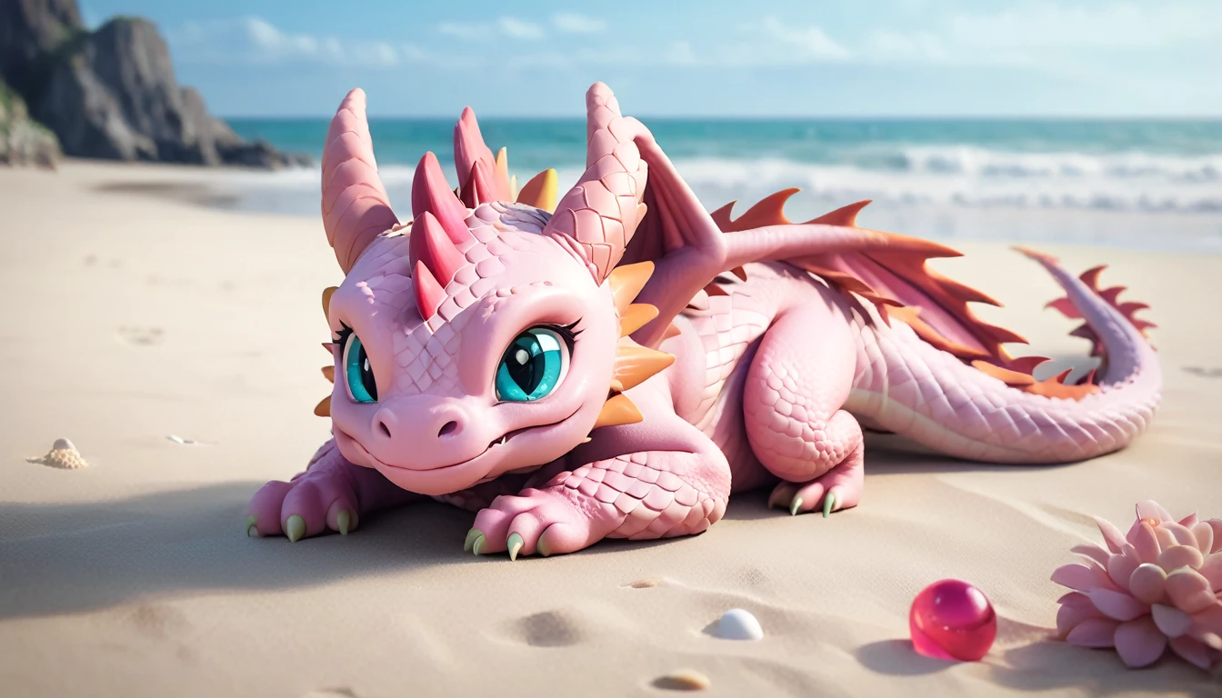 masterpiece,high quality,Monster,独奏,dragon ,(chibi:1.2),(pink body:1.2),pink dragon,horns,wings,lying on the ground,injured,unhappy,looking forward,looking sideways,head focus,poor,seaside,beach,blue sky,landscape,(non-human:1.2),lying,frustrated_brow,annoyed,frustrated,on stomach,bright-colored，The dragon looks sad.，The expression to cry